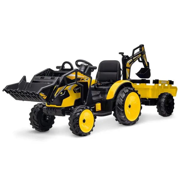 24V 3-in-1 Ride-On Tractor  Excavator & Bulldozer Modes, Remote, LED, USB/Bluetooth (Yellow)