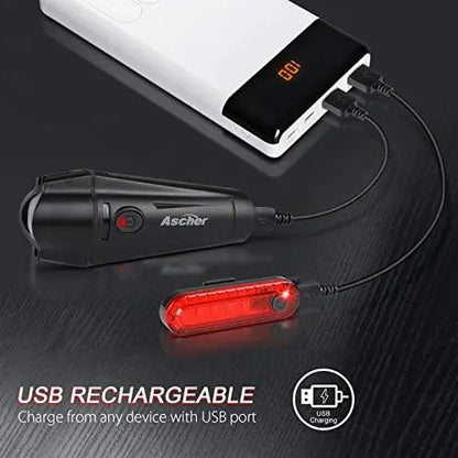 Ascher Ultra-Bright USB Rechargeable 4-Mode Bike Light Set  Powerful Front & Rear Lights for Cycling
