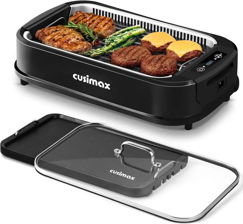 CUSIMAX Smokeless Indoor Grill: Turbo Smoke Extraction, Non-Stick Removable Plate, Tempered Glass Lid, and Compact Korean BBQ Design