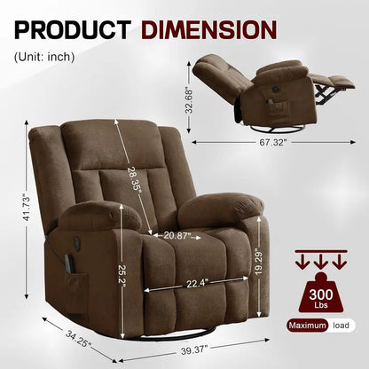 Adult Gliding Rocking Recliner  360° Rotation with Heat & Massage Functions