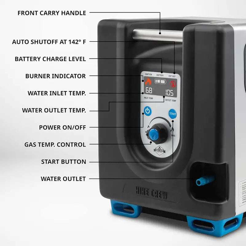 Portable Propane Water Heater & Shower Pump  Compact Outdoor Hot Water System with LCD Display, Safety Cutoff & Carry Case