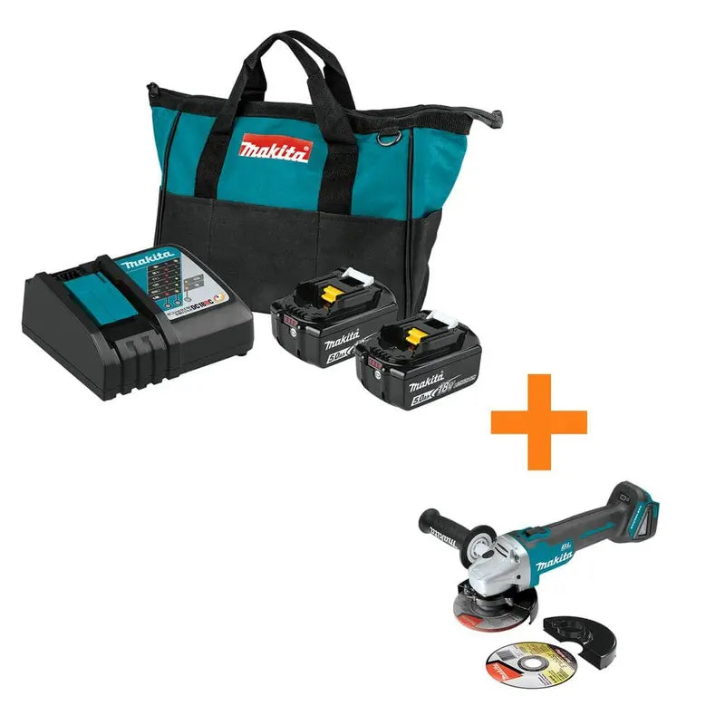 Makita 18V LXT Starter Kit — 5.0Ah Battery, Rapid Charger & Brushless Angle Grinder Combo