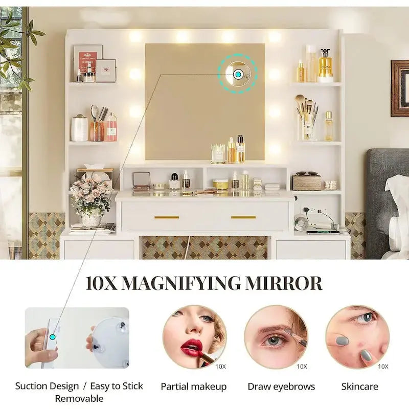 Lighted Makeup Vanity Desk with 10x Magnifying Mirror and Tempered Glass Top