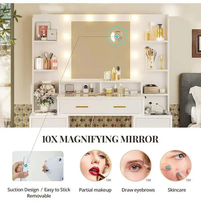 Lighted Makeup Vanity Desk with 10x Magnifying Mirror and Tempered Glass Top
