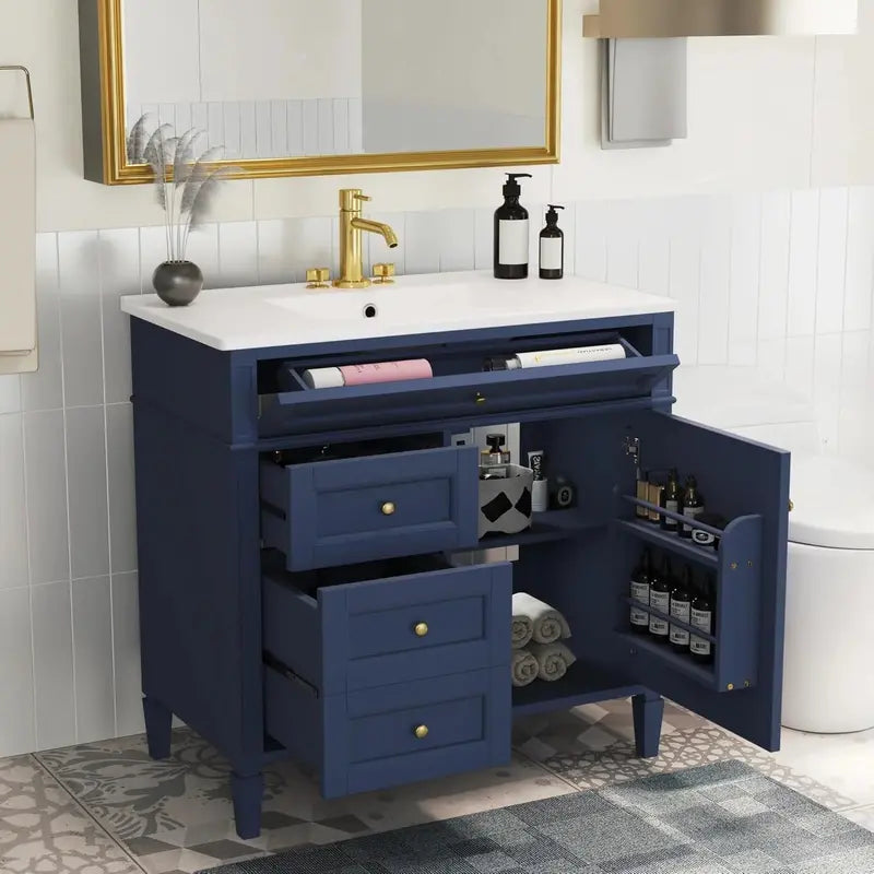 Modern 36-Inch Freestanding Bathroom Vanity  Single Undermount Sink, Soft-Close Drawers, Tip-Out Shelf, Solid Wood Frame