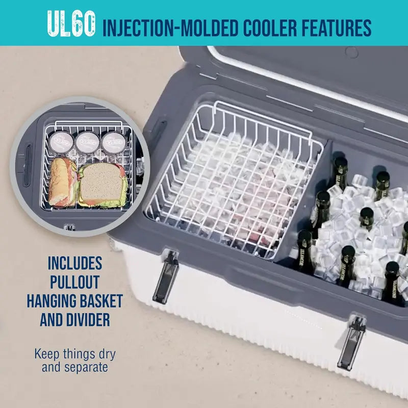 60-Quart Ultra-Lightweight Injection-Molded Cooler  7-Day Ice Retention, Wire Basket, Divider & Built-In Bottle Opener