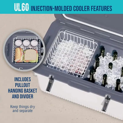 60-Quart Ultra-Lightweight Injection-Molded Cooler  7-Day Ice Retention, Wire Basket, Divider & Built-In Bottle Opener