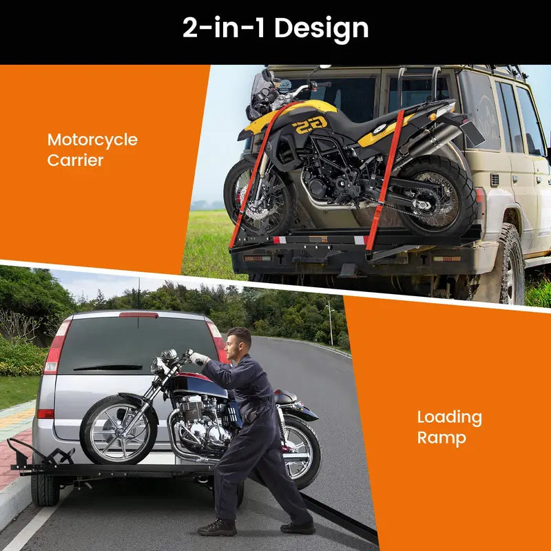 Heavy-Duty Motorcycle Carrier with Hitch Mount, Ramp, and 600 LB Capacity