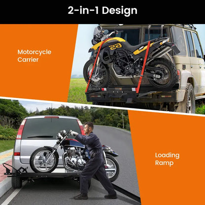 Heavy-Duty Motorcycle Carrier with Hitch Mount, Ramp, and 600 LB Capacity