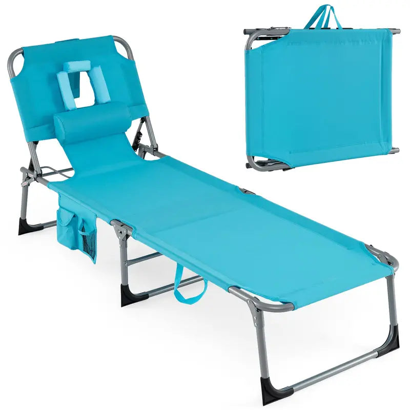 Adjustable Beach Lounge Chair  Folding Sun Lounger with 4-Position Reclining Backrest