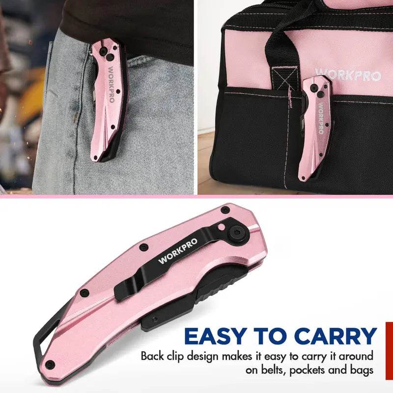 WORKPRO Pink Folding Aluminum Utility Knife  Includes 10 Replacement Blades