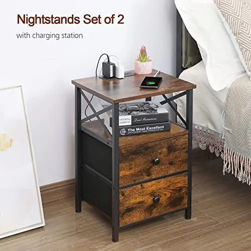 AMHANCIBLE Charging Nightstand Set  2-Piece Modern Bedside Tables with USB & Wireless Charging