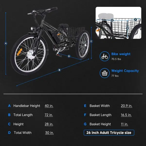 26-Inch Adult Electric Tricycle  3-Wheel Fat-Tire Design, 7-Speed, 350W Motor, 36V 10Ah Removable Battery
