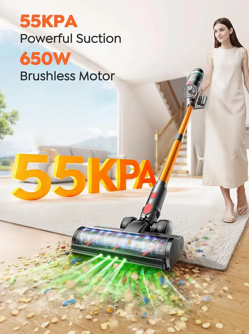 650W Cordless Stick Vacuum Cleaner with 55KPA Suction, 70-Min Runtime, LED Touchscreen & Wall Mount Station for Homes, Carpets, and Pet Hair