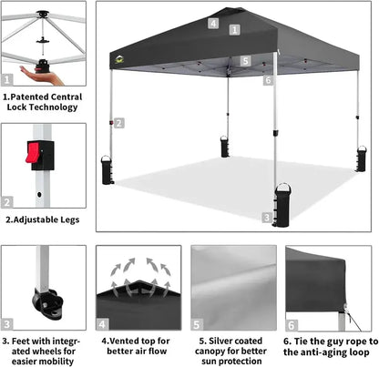 10×10 One-Click Pop-Up Awning  Silver-Coated Sunshade Canopy for Beach, Picnic & Outdoor Events