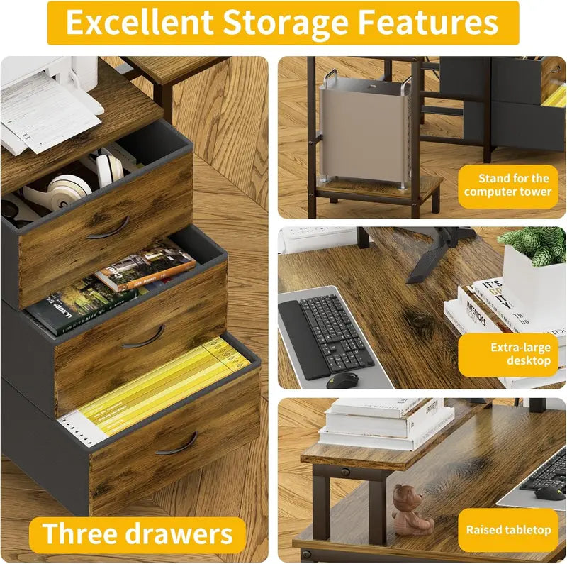 Dual-User LED Desk with Charging Station  Extended Work Surface Featuring USB/AC Outlets, Monitor Riser, and Storage Drawers