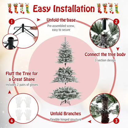 6-8 ft Snow-Flocked Pre-Lit Christmas Tree  Hinged Artificial Xmas Tree with 6611447 PVC/PE Tips