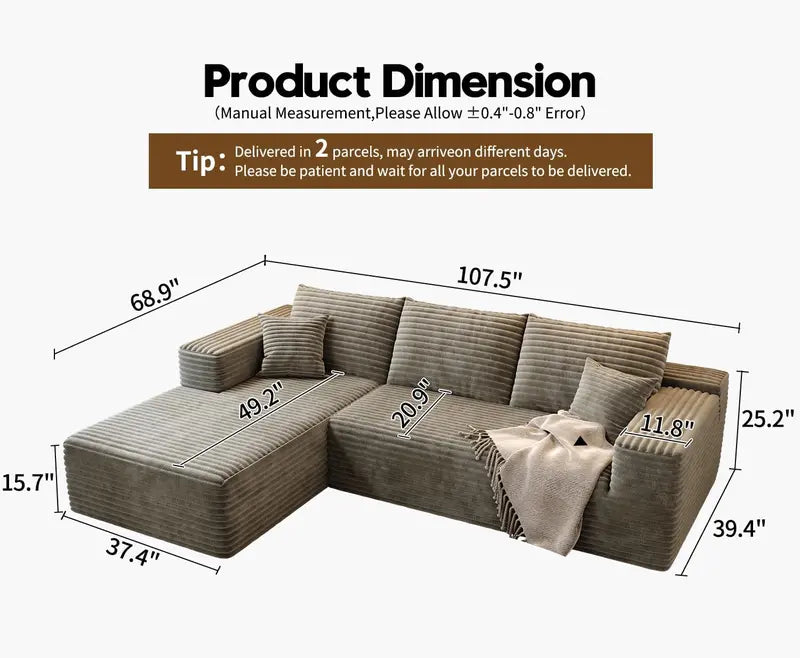 Cloud Modular L-Shaped Sectional Sofa  107.5-Inch Minimalist Corner Lounge with Deep Seating