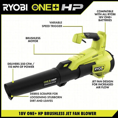 RYOBI ONE+ HP 18V Brushless 110 MPH 350 CFM Cordless Variable-Speed Jet Fan Leaf Blower w/ 4.0 Ah Battery and Charger P21120