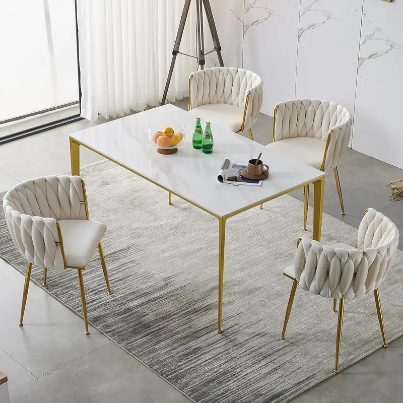 Set of 4 Velvet Dining Chairs  Beige Upholstered Woven Chairs with Gold Metal Legs for Dining, Living, or Bedroom Use