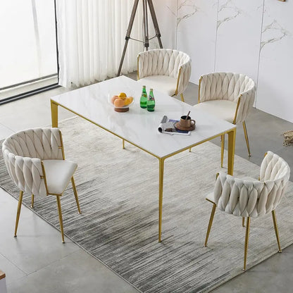 Set of 4 Velvet Dining Chairs  Beige Upholstered Woven Chairs with Gold Metal Legs for Dining, Living, or Bedroom Use