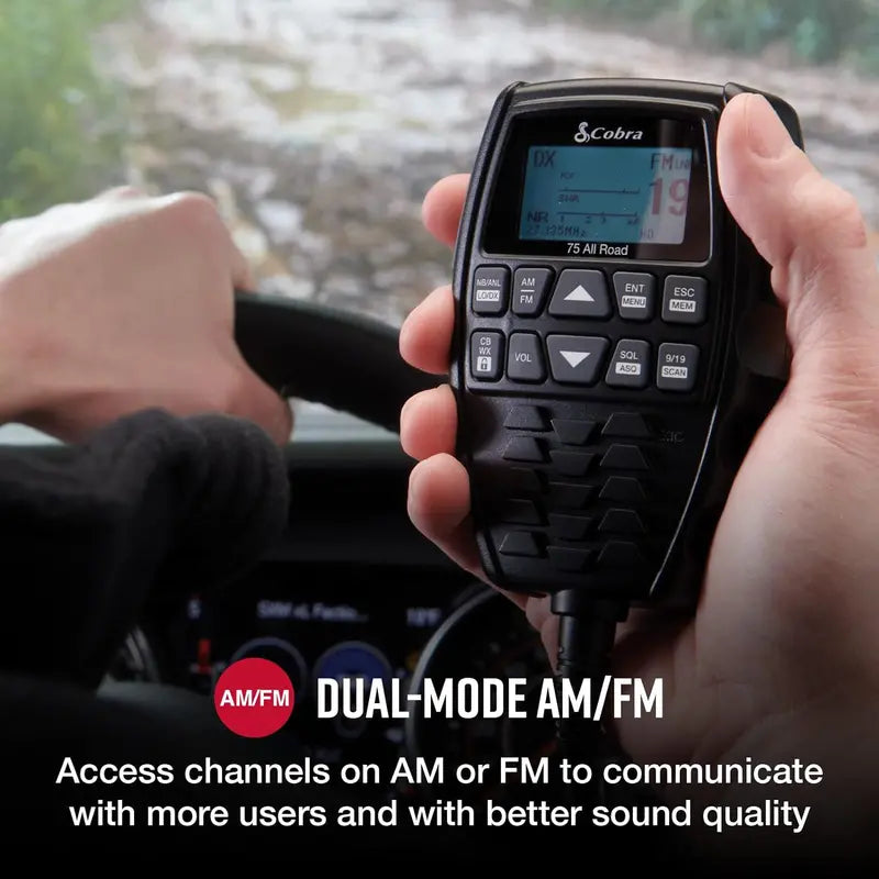 Cobra 75 All-Road Wireless CB Radio  Dual AM/FM, Bluetooth, Noise Cancel, Waterproof, 40 Channels, Black