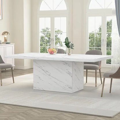 71-Inch White Faux Marble Dining Table  Modern Rectangle Table for 68, Farmhouse-Industrial Style with Sturdy Base