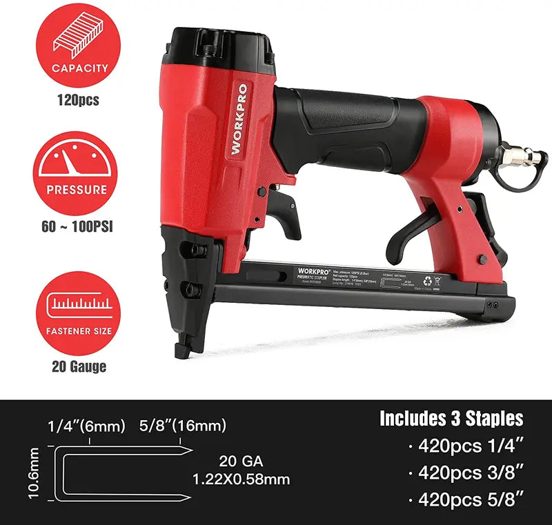 WORKPRO Pneumatic 20-Gauge Stapler for Carpentry, Woodworking & DIY