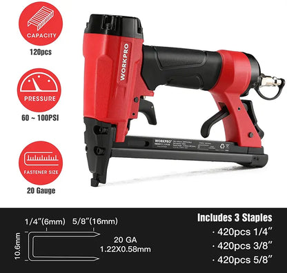 WORKPRO Pneumatic 20-Gauge Stapler for Carpentry, Woodworking & DIY