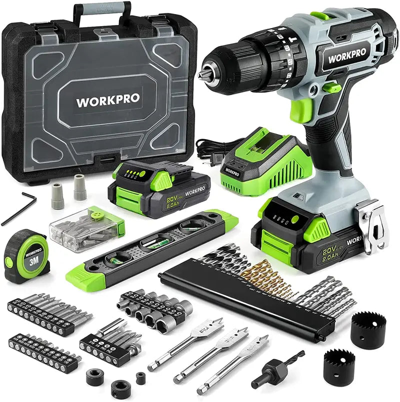 WORKPRO 20V Cordless Drill Driver Kit with 102-Piece Accessory Set, Dual 2.0Ah Batteries & Rapid Charger