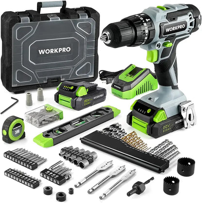 WORKPRO 20V Cordless Drill Driver Kit with 102-Piece Accessory Set, Dual 2.0Ah Batteries & Rapid Charger