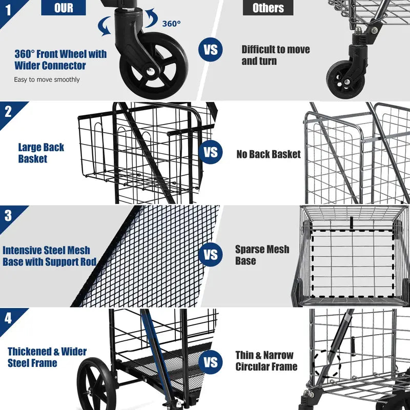 Heavy-Duty Folding Grocery Cart with Dual Baskets, 330-LB Capacity, and 360° Swivel Wheels