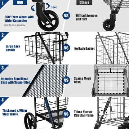 Heavy-Duty Folding Grocery Cart with Dual Baskets, 330-LB Capacity, and 360° Swivel Wheels