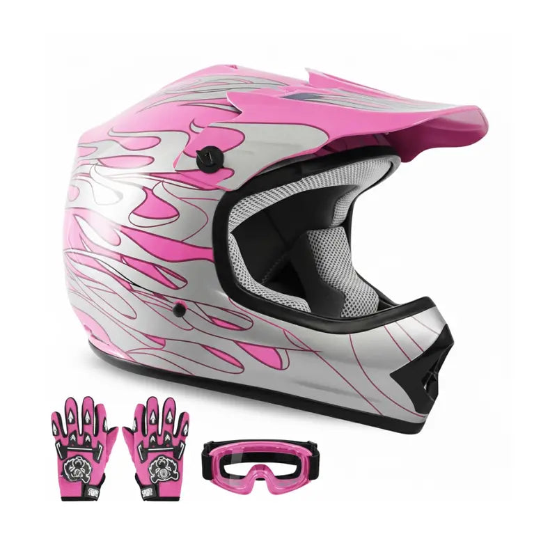 Youth Motorcycle Helmet Set Featuring Full-Face Protection, Goggles & Gloves