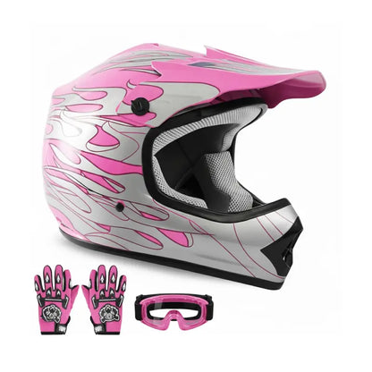Youth Motorcycle Helmet Set Featuring Full-Face Protection, Goggles & Gloves