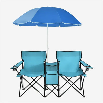 Dual-Folding Picnic Chair Set with Built-in Umbrella, Mini Table & Carry Bag