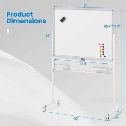 Height-Adjustable Rolling Dry Erase Board  48″ x 36″ Whiteboard with Pegboard, Storage Hooks, Trays & Magnets