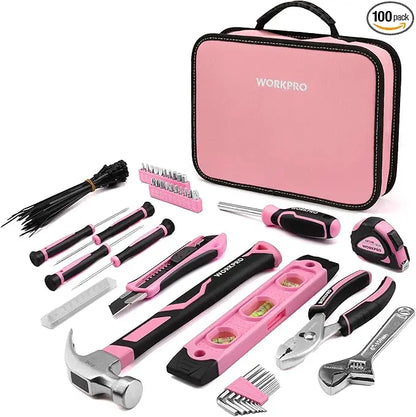 WORKPRO Pink Ribbon DIY Tool Kit: 100 or 236 Pieces in Portable Round Carry Pouch