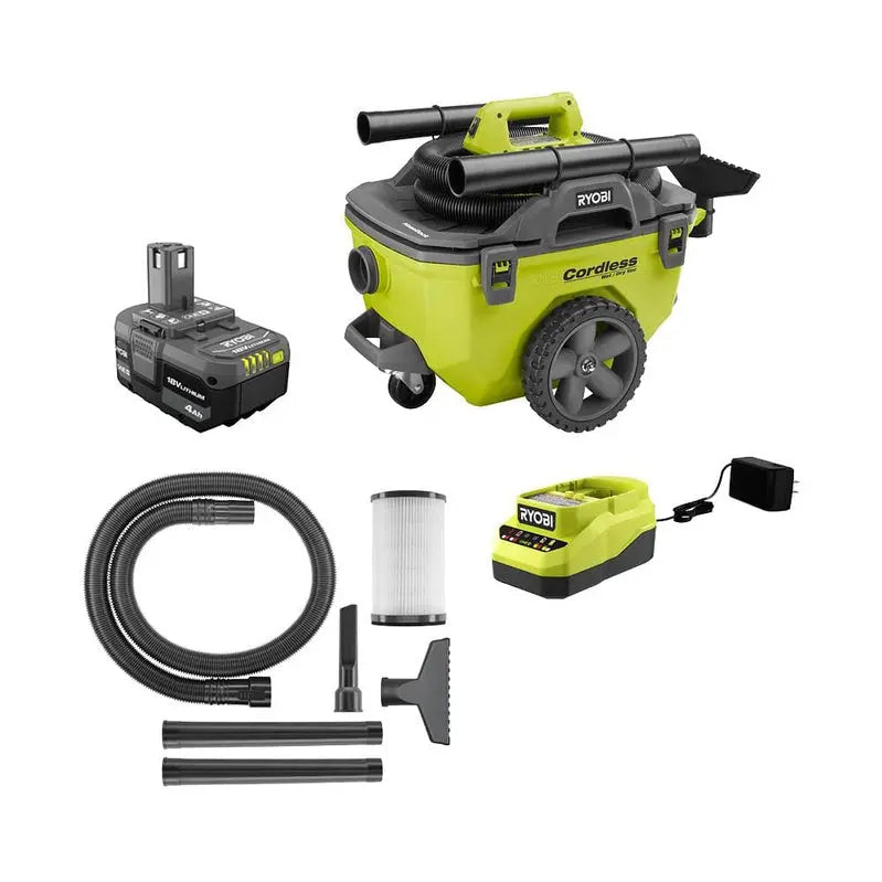 RYOBI ONE+ 18V Cordless 6-Gallon Wet/Dry Vacuum Kit  Includes 4.0 Ah Battery, Charger & Accessories (P770KN)