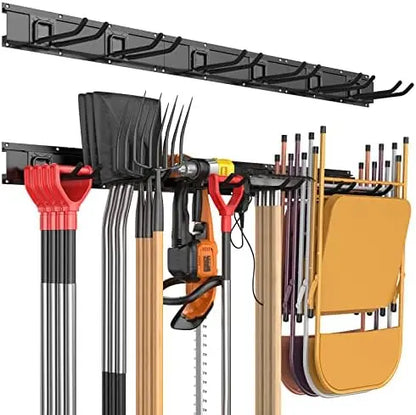 Heavy-Duty Wall-Mounted Garage Tool Rack with 6 Hooks & 3 Boards  Powder Coated Steel for Broom, Mop, Rake & Shovel Storage