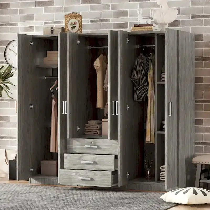 6-Door Wooden Bedroom Wardrobe  Spacious Storage Unit with 3 Large Bottom Drawers
