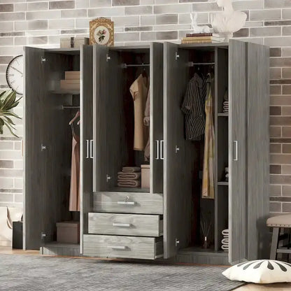6-Door Wooden Bedroom Wardrobe  Spacious Storage Unit with 3 Large Bottom Drawers