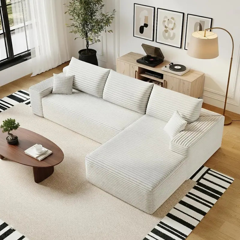 135″ Minimalist Corduroy Sectional  Compressed High-Density Foam Lounge Sofa with Anti-Slip Base