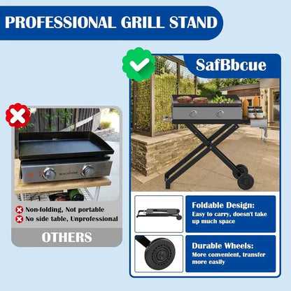 Folding Blackstone Griddle Stand  Portable 22″/17″ Grill Table with Wheels, Side Shelf & Compact BBQ Accessory System