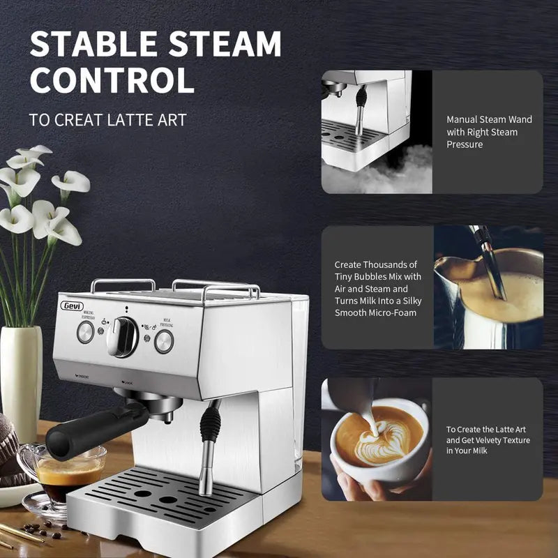 Gevi Silver 15-Bar Stainless Steel Espresso Machine with Frothing Wand  Cappuccino Maker