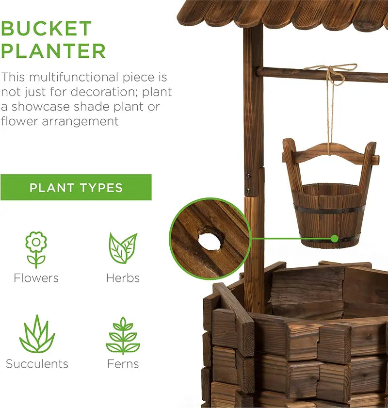 Rustic Wishing Well Planter  Handmade Wooden Outdoor Decor with Hanging Bucket