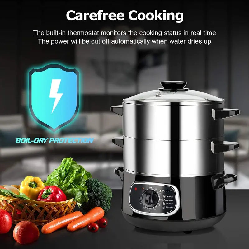 Dual-Layer Electric Food Steamer  8.5L Glass-Covered Stainless Steel Steaming Basket Set, Stackable Design with Built-in Timer