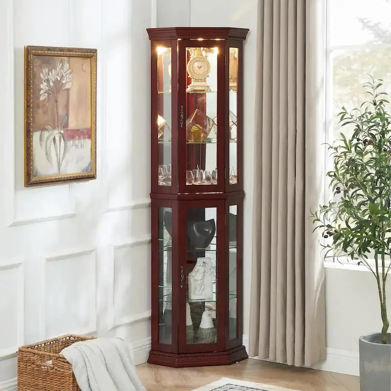 Corner Display Curio Cabinet  Tempered Glass Shelves, Mirrored Back, Built-in Lighting