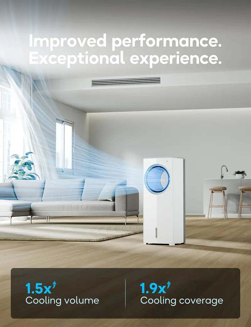 Windowless Evaporative Air Cooler  Compact 26.3″ Portable Unit with 3 Speeds, 4 Modes, 7-Hour Timer, Ice Packs & Remote for Bedroom Use