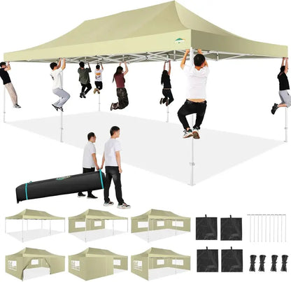 COBIZI Heavy-Duty 10×20 FT Pop-Up Canopy Tent  6 Wind-Resistant Sidewalls, Black Frame, Roller Bag